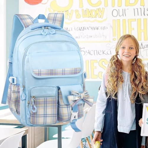 MCWTH Checkered Backpack for Teen Girls, Kawaii Cute Kids Elementary Student School Backpacks (Bow Blue) - color: Checkered Blue