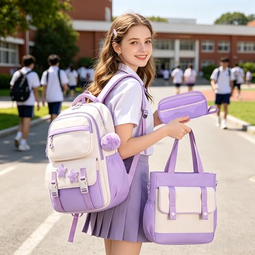 3Pcs Kids Backpack for Girls, Teen Girls Backpack Set with Tote Bag for Elementary Middle School Kids, with Star Pins and Furry Pendant, A08-3Pcs Purple - color: A08-3pcs Purple
