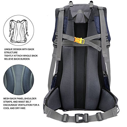 Bseash 60L Waterproof Hiking Camping Backpack with Rain Cover, Large Outdoor Sport Travel Daypack Rucksack for Climbing - color: Navy Blue