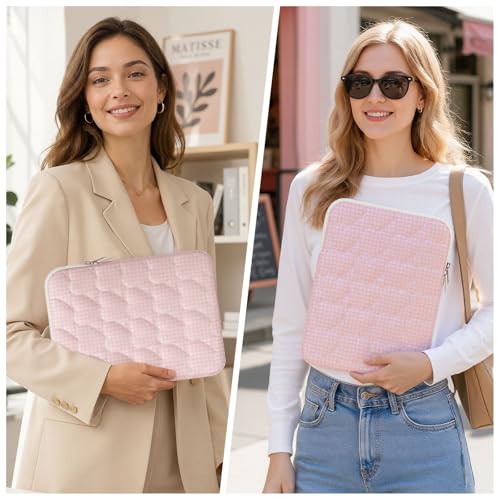 11-12 inch Cotton Quilted Laptop Sleeve for Women, Aesthetic Puffy Laptop Case Carrying Bag Compatible with MacBook Air 11.6“/iPad, Soft Computer Liner Bag (Pink Gingham, 11.6 inch) - color: Pink Gingham, size: 11.6 inch