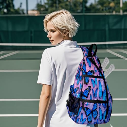 Pickleball Bag for Women & Men – Lightweight Sports Backpack with Paddle Compartments, Dual Carry Modes, Detachable Zippered Strap, Brown Leopard, Great Gift Option for Players - color: Blue Butterflies