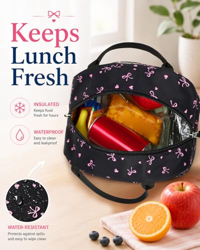 CAMTOP Girls Backpack with Lunch Box Set, Cute Bow School Backpack for Kids, 3-in-1 Lightweight Lunch Bag and Pencil Pouch - color: Black Pink Bow