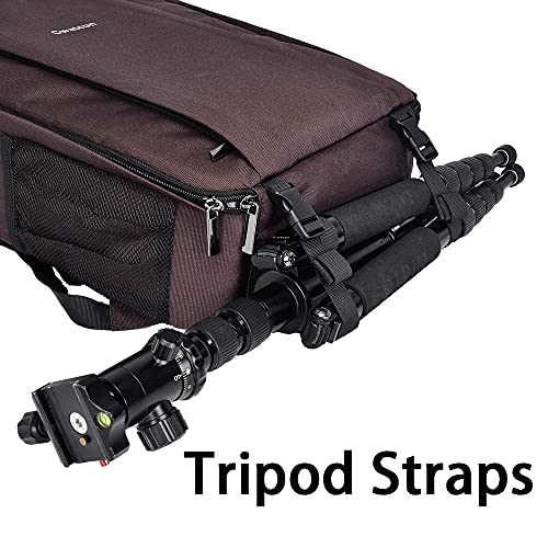 Cwatcun Camera Backpack with Rain Cover, Tripod Holder, USB Port, 15.6" Laptop Compartment, Waterproof Professional Photography Camera Case Bag for Canon Sony Nikon SLR DSLR Cameras, Lens, Brown
