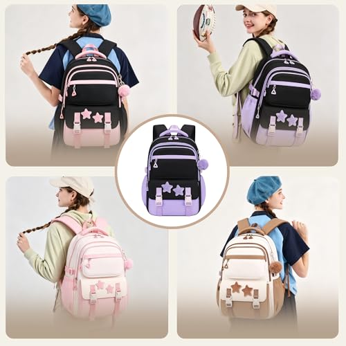 3Pcs Black Backpack for Girls, Teen Girls Backpack Set with Tote Bag for Elementary Middle School Kids, with Star Pins and Furry Pendant, A08-3Pcs Black - color: A08-3pcs Black