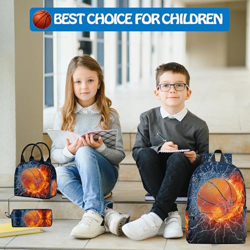 3PCS Backpack for Boys Girls, Kids Basketball Back to School Backpack Sets with Lunch Bag Pencil Case, 17 Inch Lightweight Bookpack 3 in 1 Set for Teens Elementary Middle High School Students - color: Water Fire Basketball