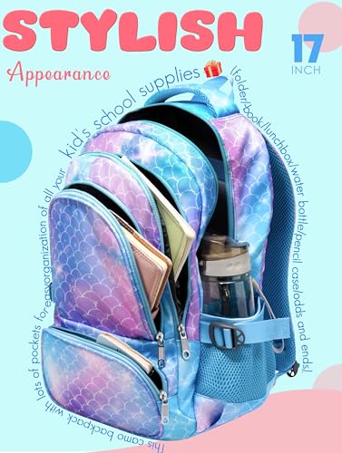 BLUEFAIRY Kids Backpacks for Girls 17 Inch Elementary Primary Middle School Bookbags with Laptop Compartment Back to School Bags for Childs Age 6-8 Mochilas Escolares para Niños Niñas Mermaid - color: Sky Blue