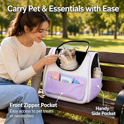 Cat Backpack Carrier, Foldable Pet Carrier Backpack for Cats and Small Dogs, Built-in Safety Clip, Dual-Sided Ventilation Mesh, for Travel, Walking, Hiking & Vet Visits, Purple