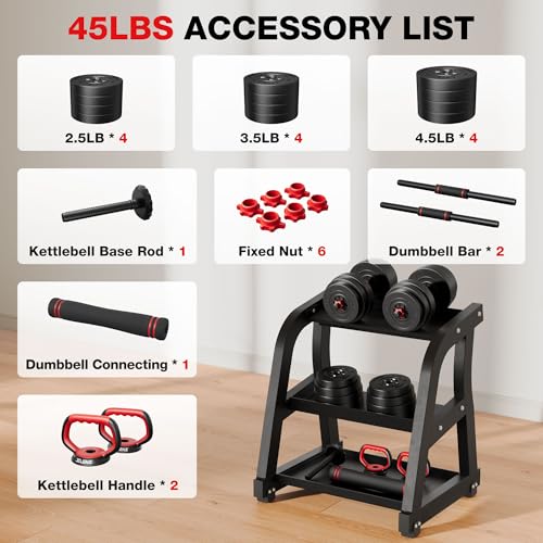 AD01 Adjustable Dumbbells Set, 30/45/70/92LBS Free Weight Set, 5 in 1 Weight Set Used as Kettlebells, Barbell, Push up Stand, Exercise Fitness for Home Gym Suitable Men/Women - color: 45LB(22.5LB Pair)