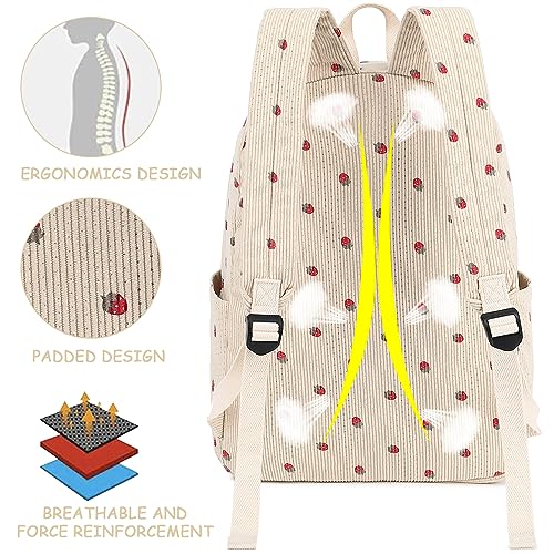 Bluboon School Backpack Set Girls Womens Laptop Bookbag Casual Daypack Fits 15 inch Laptop with Lunch Tote Bag and Pencil Bag - color: Corduroy-strawberry Khaki
