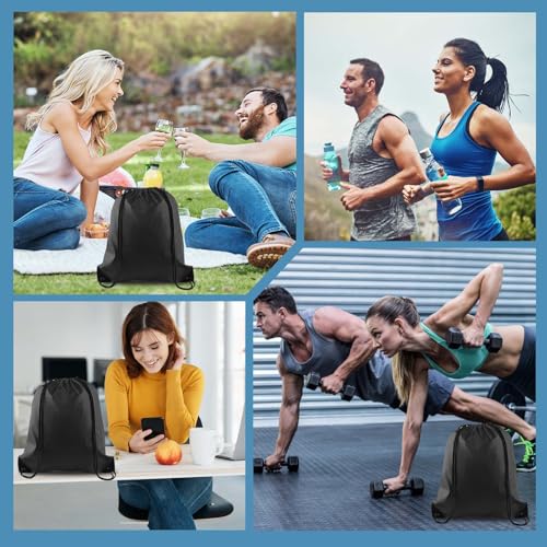 PLULON 15 Pcs Black Drawstring Bags, Drawstring Backpack Bulk, Classic Gym Backpack Bags for Yoga Traveling Outdoor Sports - color: Black