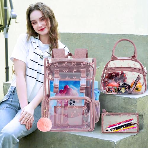 17" Clear Backpack for Girls, School Kids Transparent Bookbag Set, 3Pcs Stadium Approved See Through Backpack with Lunch Box (Pink) - color: Pink Bow