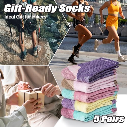 ANTSANG Merino Wool Hiking Socks, Enhanced Breathability, Targeted Cushion Thermal Socks for Men and Women, 5 Pairs - color: Yellow/Green/Purple/Pink, size: Medium