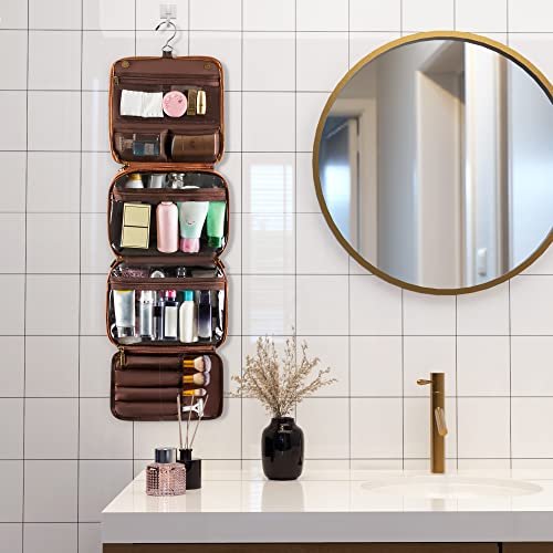 Elviros Hanging Toiletry Bag for Men Travel Essentials 3-in-1 Large Waterproof Dopp Kit PU Leather Shaving Bag with Separate Compartments for Grooming and Toiletries Mens Gift - color: Brown