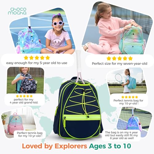 Choco Mocha Kids Tennis Bag, 16 Inch Youth & Junior Tennis Backpack with Shoe Compartment, Holds 2 Rackets (21–23 Inch) - color: Camo Blue