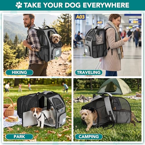 PetAmi Expandable Dog Backpack Carrier for Cats & Pets, Breathable Cat Carrier Backpack with Top Window & Multi-Entry, Ventilated Foldable Travel Carrier for Small Medium Pets up to 18 lbs, Light Gray - color: Gray