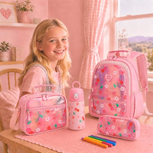 Kids Backpack for Girls 5-8, 4PCS Toddler Backpack with 13oz Kids Insulated Water Bottle, Lunch Box and Pencil Case, Girls Bookbag Schoolbag for Primary Kindergarten Elementary School - color: Pink Red Cherry