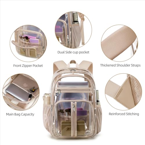 Cusangel XL TPU Clear Backpack Heavy Duty for Stadiums,18in School Bookbag Teens 15+ boys Girls and Adults Multi-Pocket Design & Reinforced Stitching(Gold-18inch) - color: Gold-18inch
