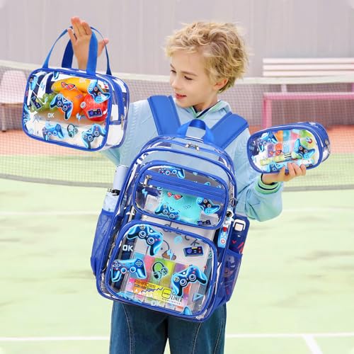 ACESAK Clear Backpack for Boys - 3 Pcs Game Heavy Duty with Lunch Bag - See Through Backpack Clear Bookbag Stadium Approved for Kids Middle High College School Travel (Blue Game Console) - color: Blue Game Console