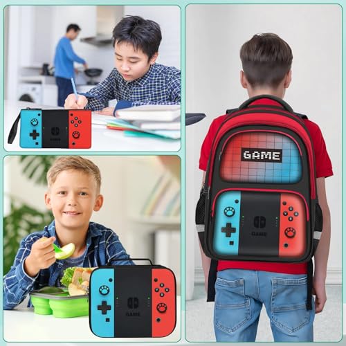 Kids Backpack For Boys,Gamer Boys Backpack For Children Teens Elementary Middle School, 17″ Students Bookbag - color: Backpack Set-sw-red & Blue