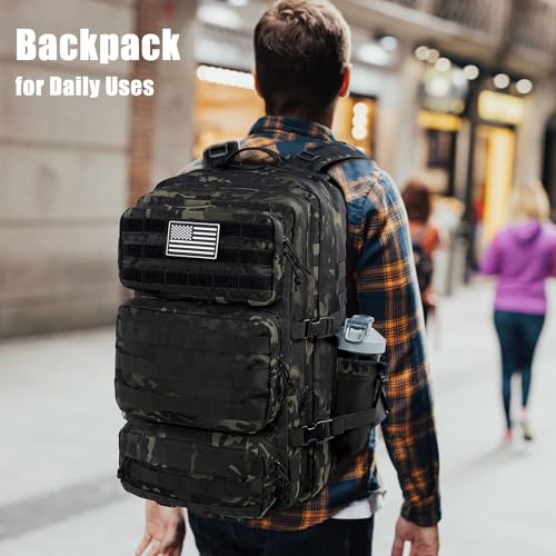 Military Tactical Backpack 50L Large Day Backpack for Men Molle Army 3 Days Assault Pack Bug Out Bag Water Resistant and Heavy Duty Hiking Treeking Rucksack - Black Camo - color: Black Camo, size: 50L