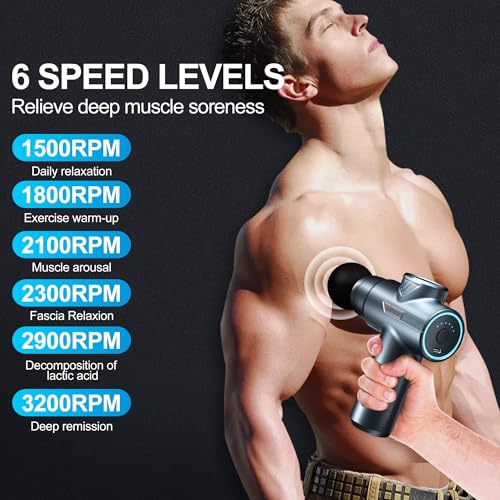 LEERCON Small Massage Gun Handheld Deep Tissue Massager Gun for Pain Relief- 6 Speeds, 4 Heads, Ideal Gift for Men & Women (Blue)