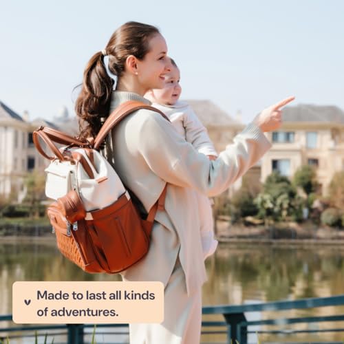 BabbleRoo Leather Diaper Bag Backpack, Multifunction Large Bags with Changing Pad & Stroller Straps & Pacifier Case, Unisex Stylish Travel Back Pack Nappy Changing Bag for Moms Dads (Coffee Cream) - color: Vegan Leather, Coffee Cream