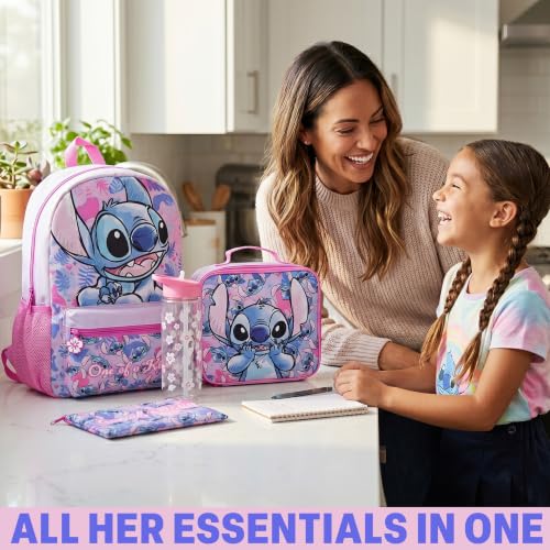 Get Trend Disney Stitch Kids Backpack 4 Piece Set | 18 inch Bookbag, Insulated Lunch Bag, Zipped Pencil Case & BPA-Free Water Bottle for School & Travel, Gifts for Girls - color: Multi Stitch