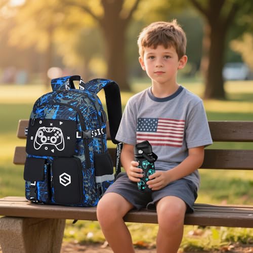 Scothen Boys Backpack, Cool Luminous Gamer School Backpacks for Boys with 14oz Insulated Water Bottle Lunch Bag Pencil Case, Kids Backpack Book Bags for Kindergarten Elementary Middle School - color: Blue