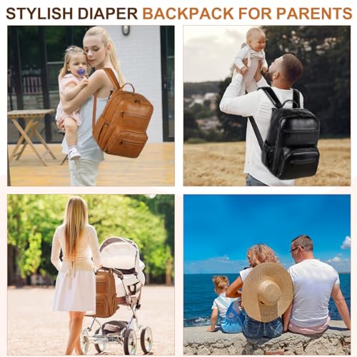 VASCHY Diaper Bag Backpack for Mum Dad, Unisex Large Waterproof Vegan Leather Baby Bag with Changing Pad,Insulated Pockets,Padded Laptop Sleeve for Travel,Brown - color: Tan