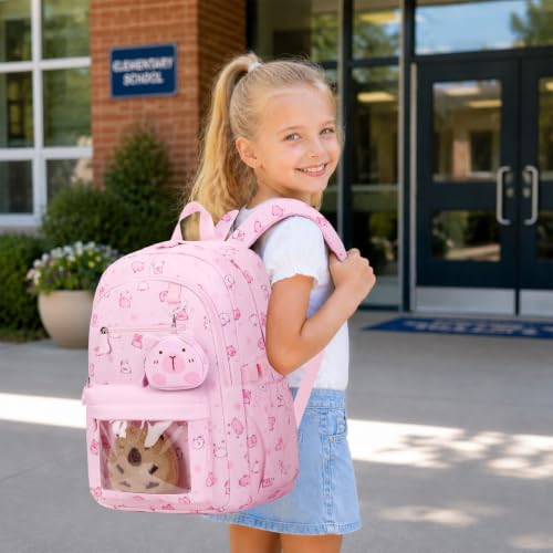 Capybara Theme Backpack for School Girls, 35PCS Kids Backpack Set with School Supplies Stationery Kit Lunch Box Pencil Case, Cute Girls Bookbag for Kindergarten Elementary Student - color: Pink
