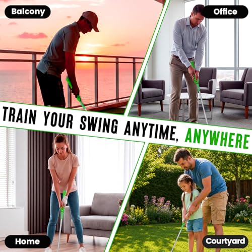 5-in-1 Golf Swing Trainer for Right-Handed Golfers with Click Feedback, Retractable Training Aid, Grip Trainer & Arm Band, Improve Tempo & Swing Path, Indoor Outdoor Practice - color: Green