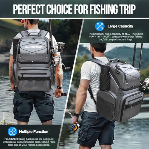 PLUSINNO Cooler Fishing Backpack with Rod Holders 45L Large Water-resistant Fishing Tackle bag Store Fishing Gear Fishing Gifts for Men Father - color: Grey jacquard with box
