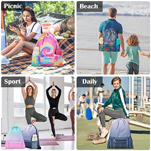Mesh Drawstring Bag with Zipper Pocket, Beach Bag for Swimming Gear Backpack Gym Storage Bag for Adult Kids (Pink Blue) - color: Pink Blue
