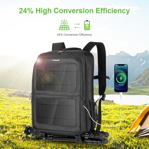 Camera Backpack Bag, 12W Solar Power Small Professional DSLR Photography Backpack with 14“ Laptop Compartment for DSLR/SLR Mirrorless Camera Case