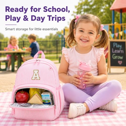 BTOOP Kids Backpack for Girls 3-6, Preschool Kindergarten Backpack with Insulated Lunch Compartment & Chest Strap, Cute Lightweight School Travel Bag Fits A4 Folder - color: Pink Stripes-15'', size: Age 3-6 (14.5" H Fit Folder)