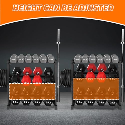 PLKOW Adjustable 3-Tier Dumbbell Rack with Barbell & Weight Plate Storage for Home Gym, Heavy Duty Steel Weight Rack Stand, Angle Height Width Adjustable Gym Organizer - color: Deep Black
