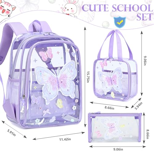 AO ALI VICTORY Clear Backpack for Boys Girls, Kids Backpack Set with Lunch Box Pencil Bag PVC Elementary Laptop Bookbag for School Students See Through Transparent Travel Back Pack, Purple Butterfly - color: Purple Butterfly 3pcs