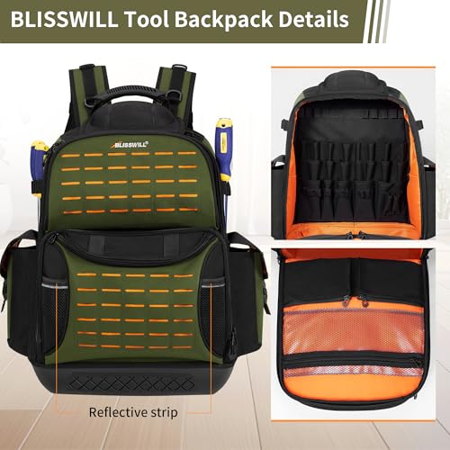 BLISSWILL Tool Bag Backpack for men,Heavy Duty Tool Backpack Bag with Waterproof Molded Base,62 Pockets/40 Loops Heavy Duty Tools Organizer Bags/Electrician/Industrial/Construction Work Backpack - color: Army green