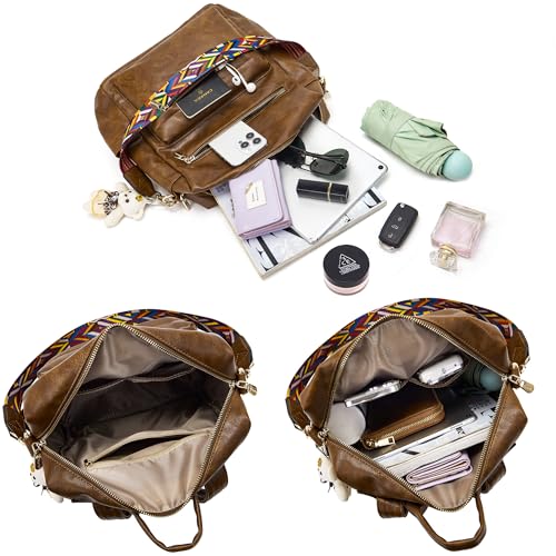 Soperwillton Women Backpack Purse Multipurpose Design Handbags Shoulder Bag PU Leather Travel bag Backpack Set 2pcs - color: Darkbrown