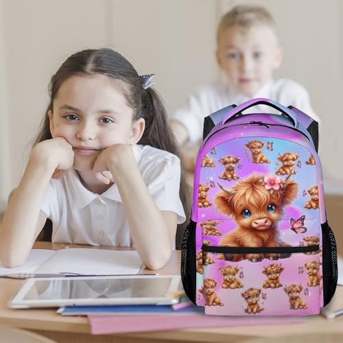 Highland Cow Backpack for Girls Kids School Bookbag for Elementary Middle School, 17 Inch Polyester Cow Pattern Student Book Bag with Padded Shoulder Straps - color: Purple