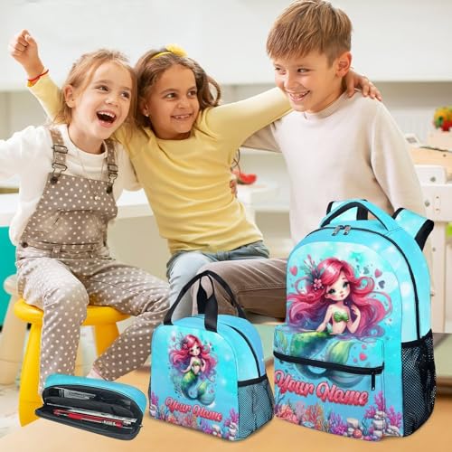 Mercuryelf Personalized Mermaid Backpack for Girls 3PCS Kids Backpack Set with Lunch Bag & Pencil Case, 17 Inch School Bookbag for Elementary Kindergarten - color: Black
