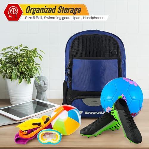 Vizari Soccer Backpack Soccer Bag | Water resistant Durable Equipment Bag for Football, Basketball, Volleyball | Cleats and Ball Compartment - Red,Blue,Pink,Black - color: Black/Royal