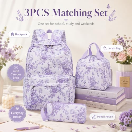 Bluboon Teens Backpack Set Girls School Backpack Lunch Box Pencil Bags Student Bookbags 3 in 1 (Purple Floral 277) - color: Purple Floral 277