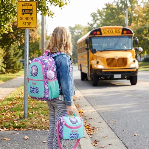 Girls School Backpack for Kids Ages 6-8,Backpack for Girls Cute Cat Lightweight Bookbag Perfect Back to School Gift for Kids with Lunch Box Pencil Case - color: Purple Blue Cat