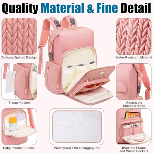 Tealari 4 in 1 Convertible Diaper Bag Backpack, 35L Large Waterproof Baby Diaper Bag with Changing Pad,Converts into Baby Diaper Backpack,Shoulder Diaper Bag,Stroller Bag and Handbag - color: Pink-1