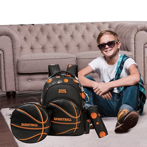 Boys' School Backpack with Lunch Box and Pencil Case - Ideal for Teens and Middle School Students, Black Basketball - color: 08 Basketball