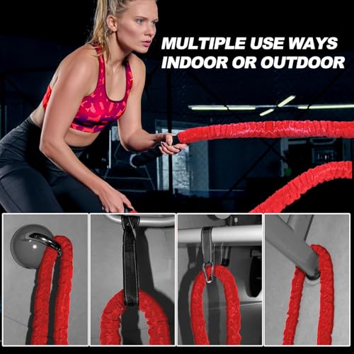 Battle Rope 1/1.26/1.5/2 Inch Diameter,Pink 30FT/40FT/50FT Exercise Workout Ropes for Home Gym Heavy Weighted Training Rope for Working Out - style: 1.5 inch 30ft-Red