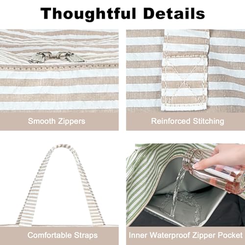 LEDAOU Beach Bag Waterproof Sandproof Women Beach Tote Pool Bag with Zipper for Swim Gym Grocery Travel with Wet Pocket | Sandproof - color: Khaki Stripe
