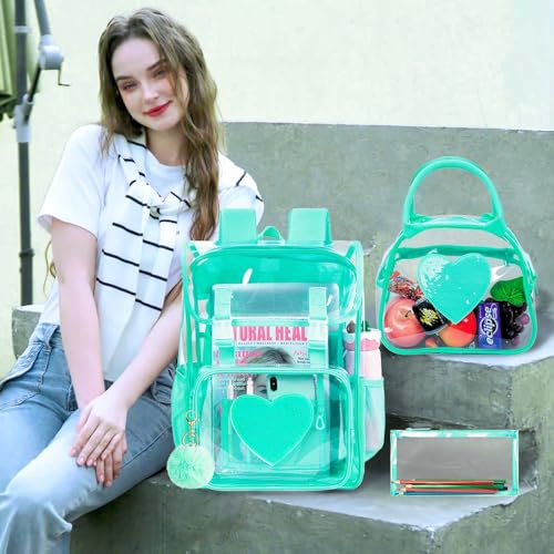 3PSC Clear Backpack, Heavy Duty Transparent Bookbag for Girls Women, Stadium Approved See Through Backpack Set (Green Sequins) - color: Green Sequin