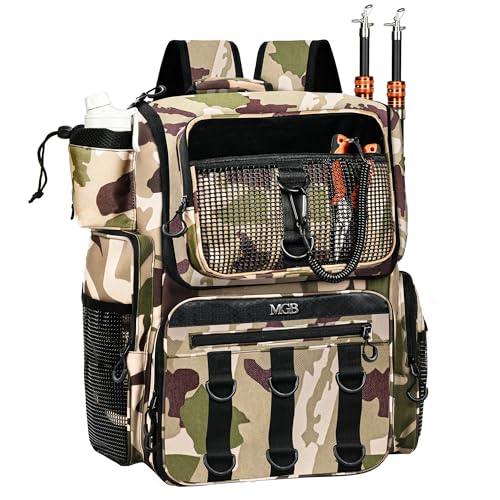 MGB 46L Fishing Tackle Backpack with 2 Rod Holders & YKK Zipper Storage Fishing Gear and Equipment, Gifts for Men Father - color: Brown Camo(without Tackle Box)